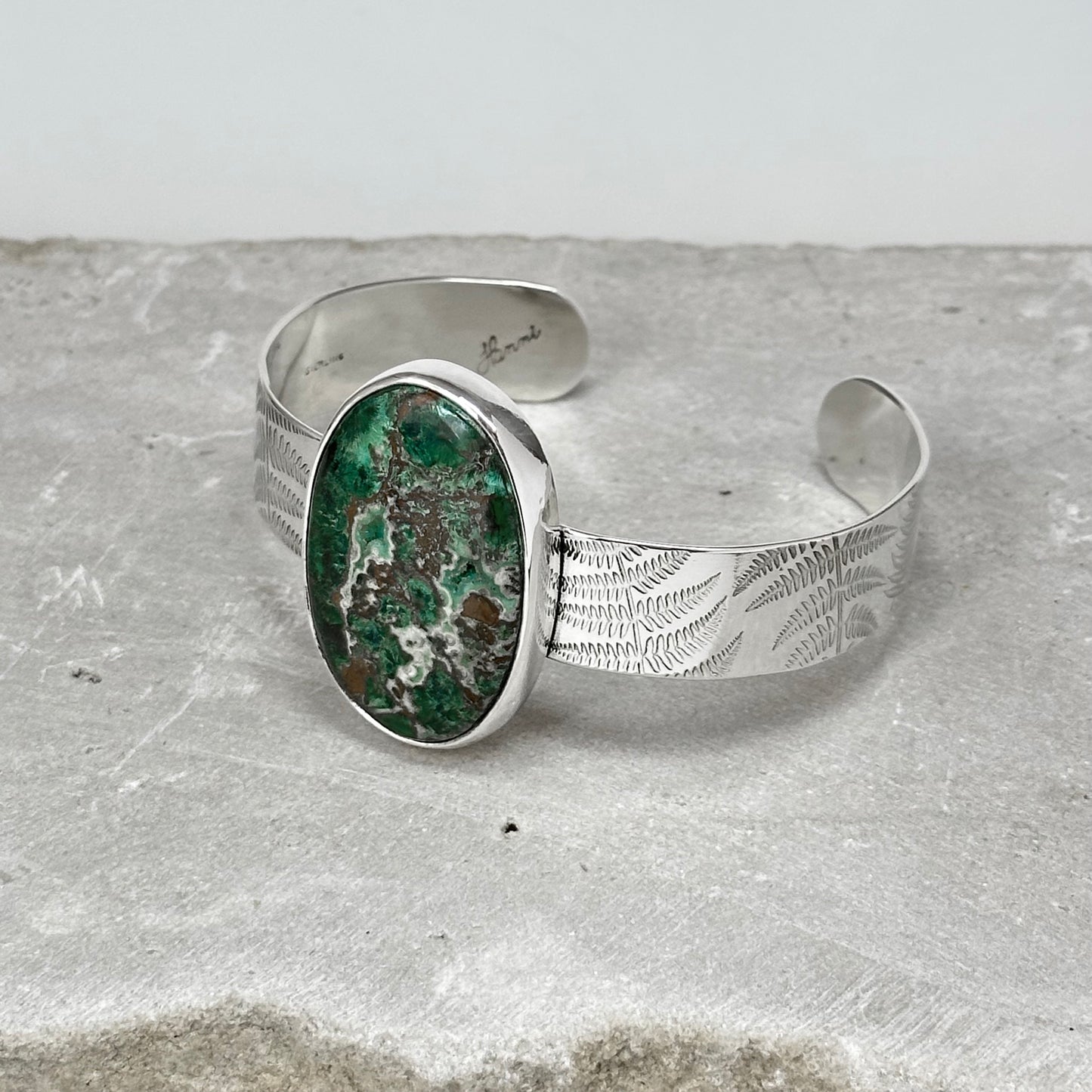 Silver "Spring Ferns" Cuff Bracelet with Druzy Chrysocolla