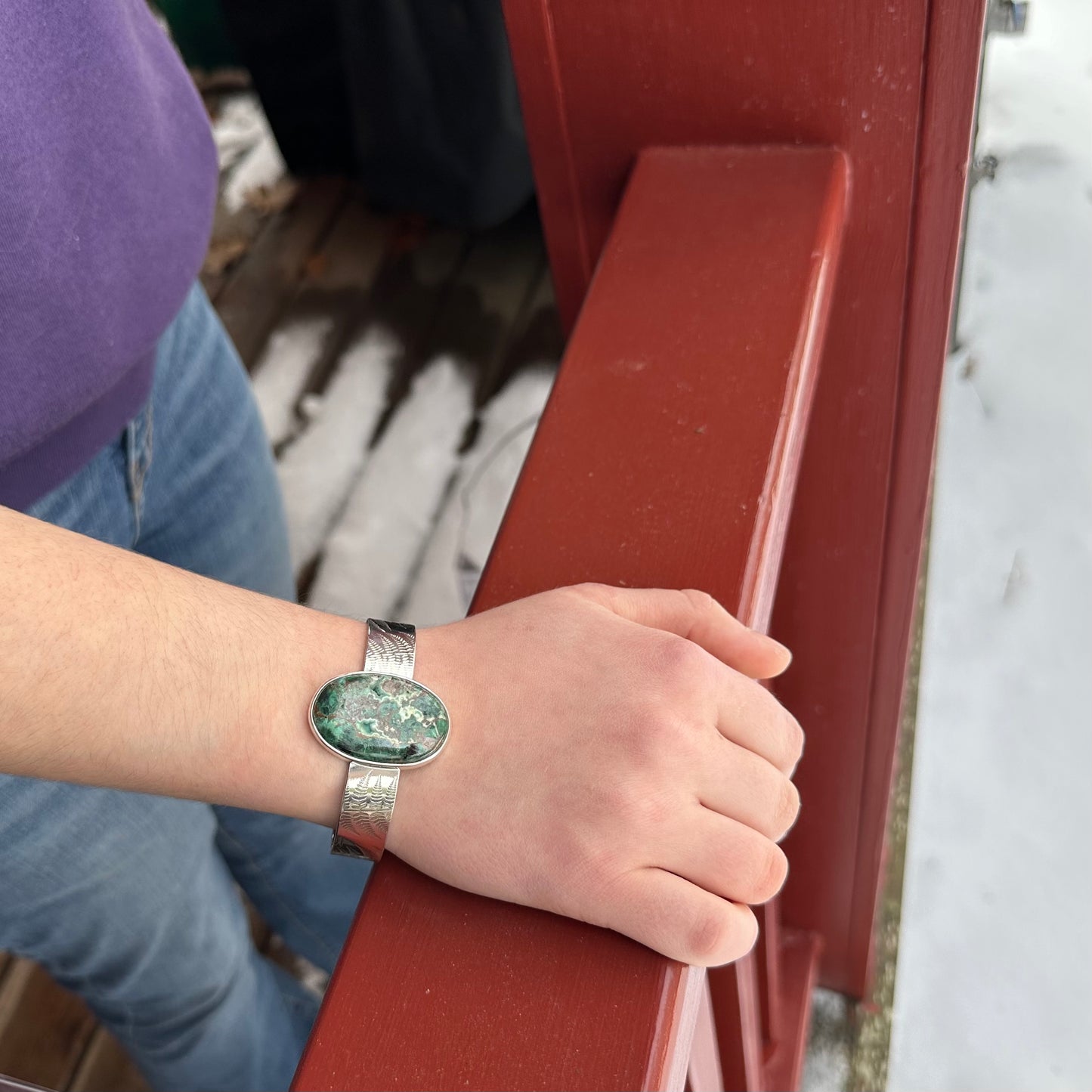 Silver "Spring Ferns" Cuff Bracelet with Druzy Chrysocolla