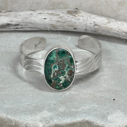 Silver "Spring Ferns" Cuff Bracelet with Druzy Chrysocolla