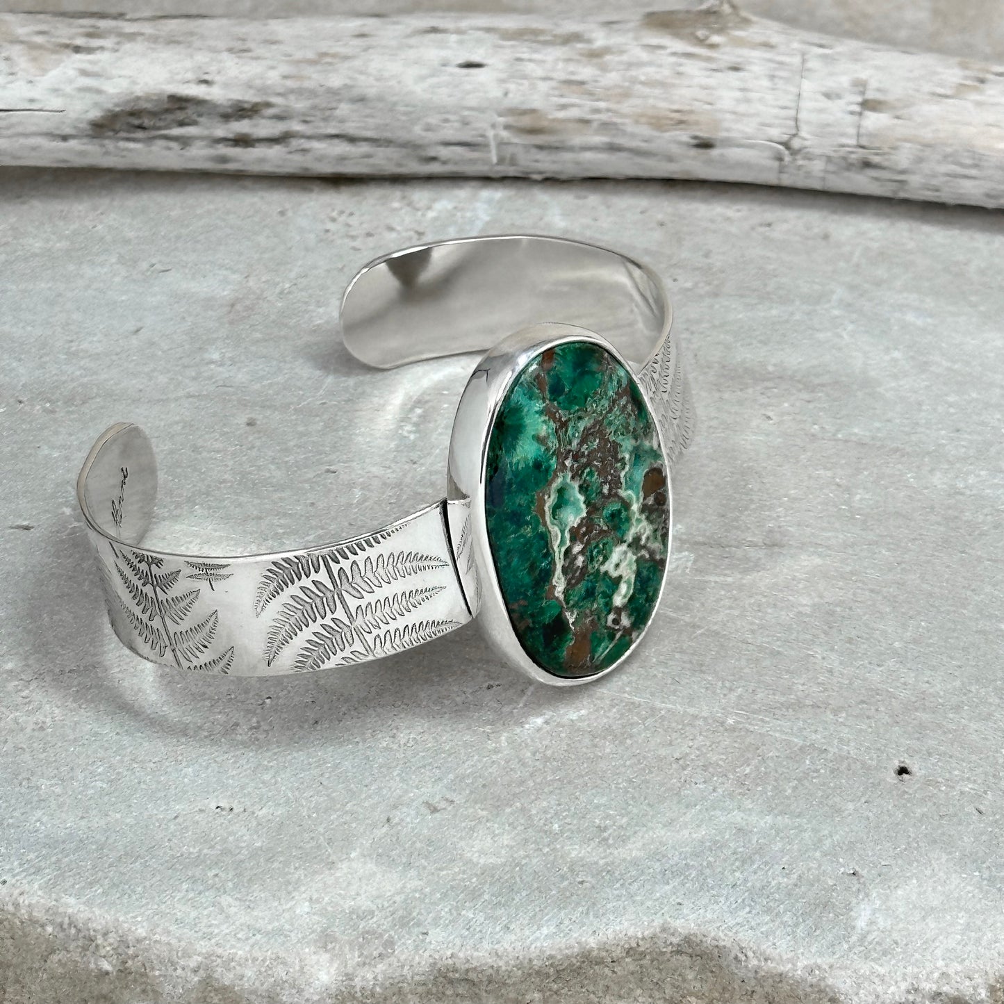 Silver "Spring Ferns" Cuff Bracelet with Druzy Chrysocolla