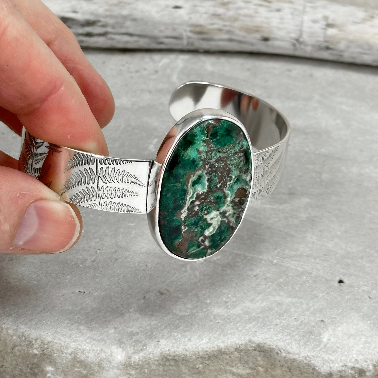 Silver "Spring Ferns" Cuff Bracelet with Druzy Chrysocolla