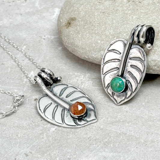 Monstera Leaf Necklace with Stone