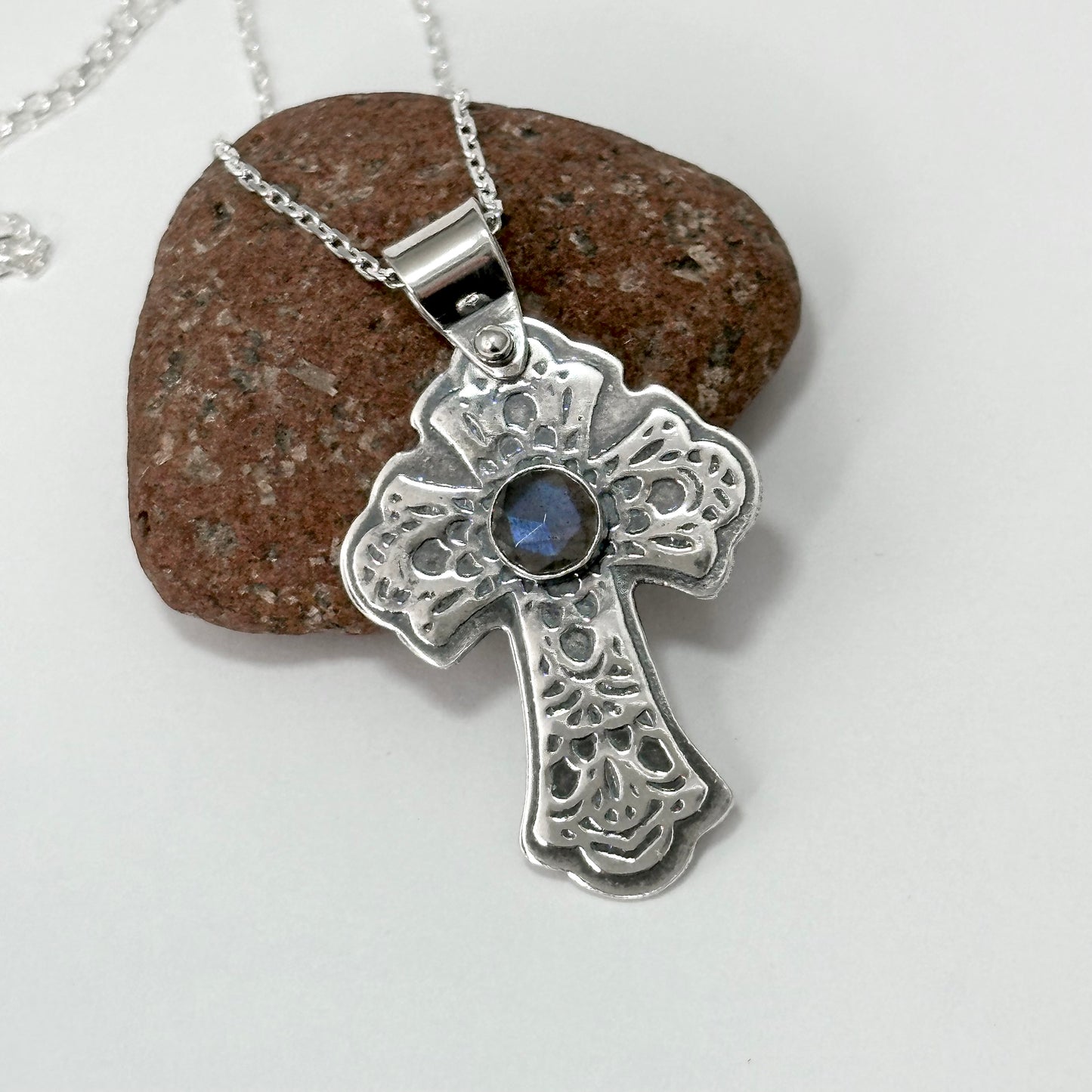 Silver Cross Necklace with Stone
