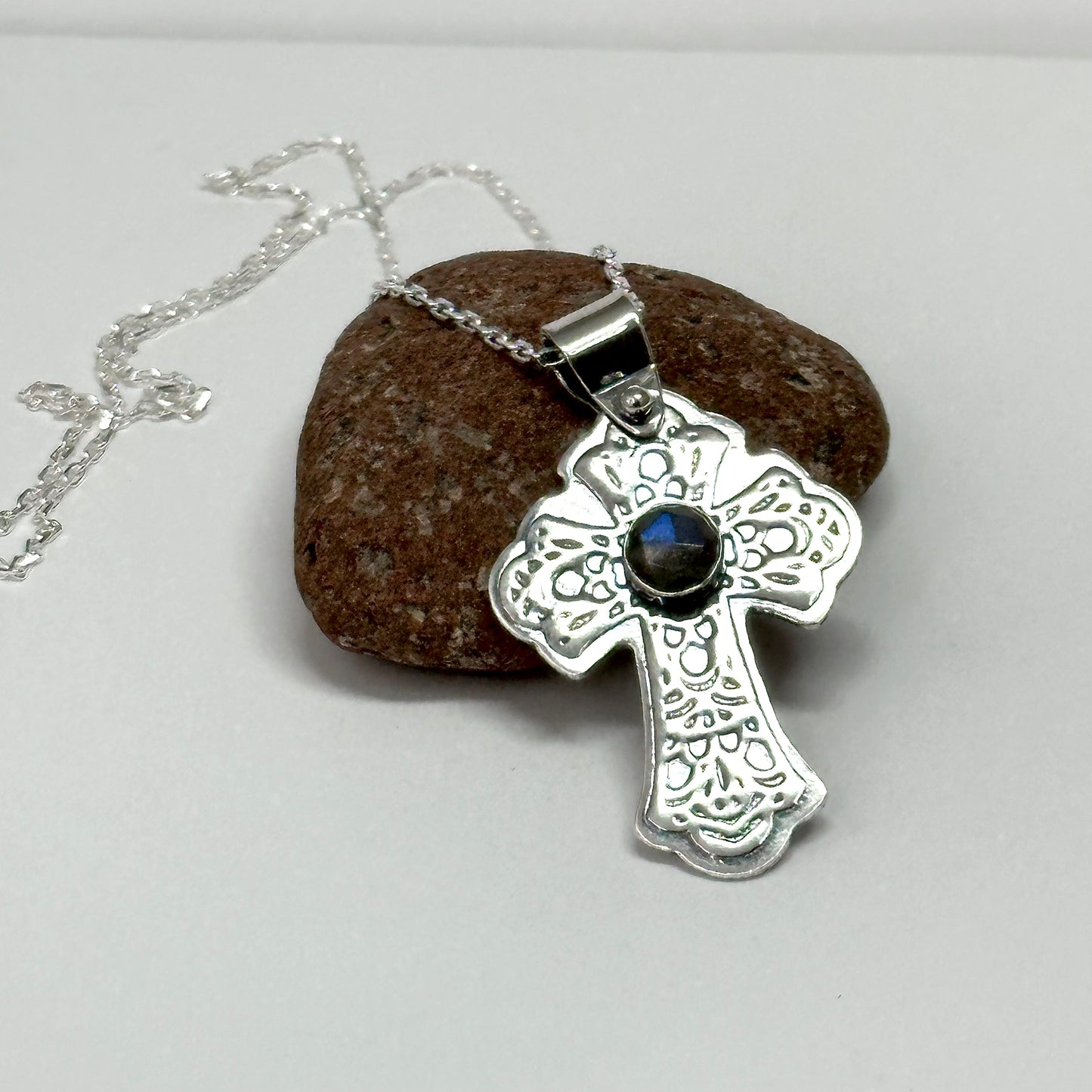 Silver Cross Necklace with Stone