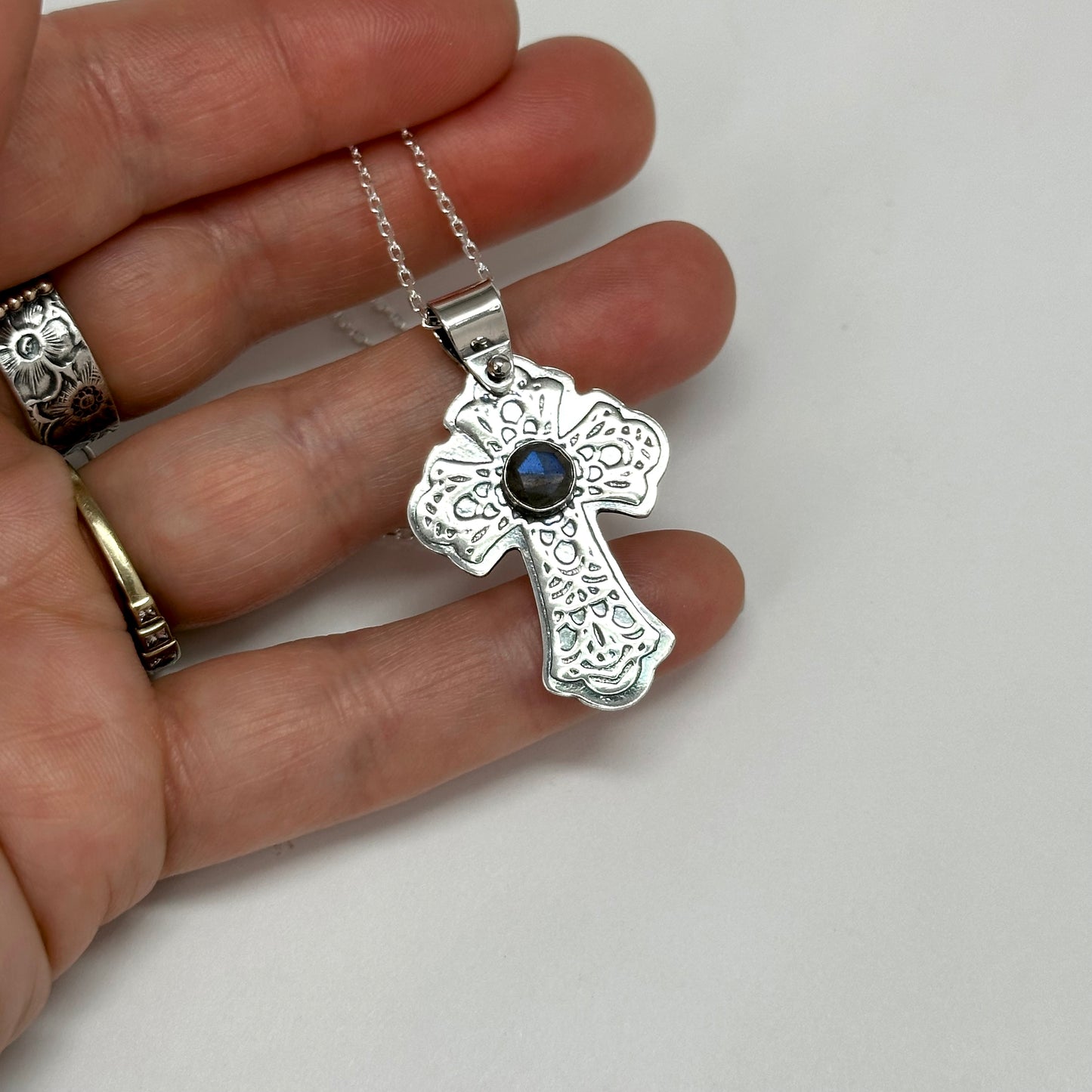 Silver Cross Necklace with Stone