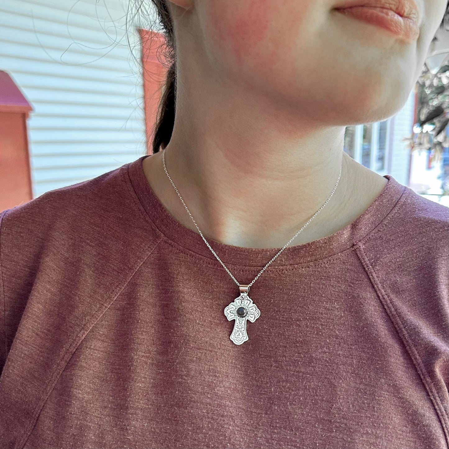 Silver Cross Necklace with Stone