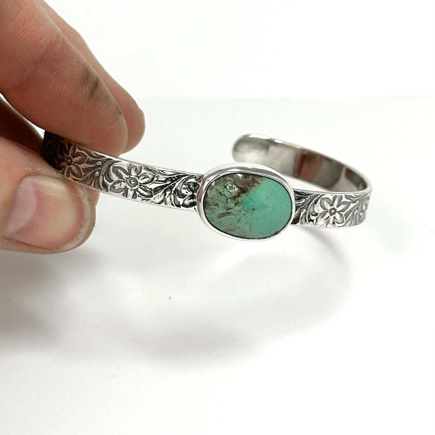 Patterned Cuff Bracelets with Turquoise, Rosarita, Variscite, and Azurite in Sterling Silver