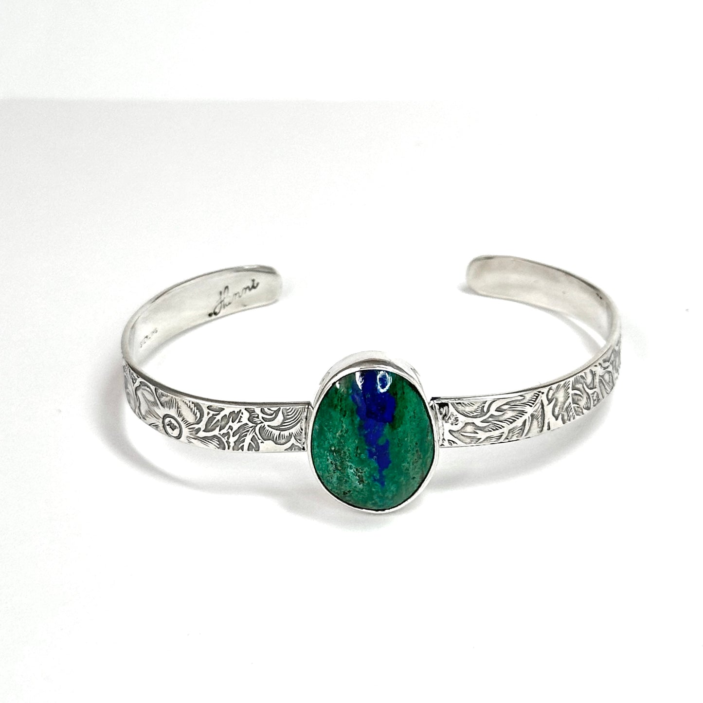 Patterned Cuff Bracelets with Turquoise, Rosarita, Variscite, and Azurite in Sterling Silver