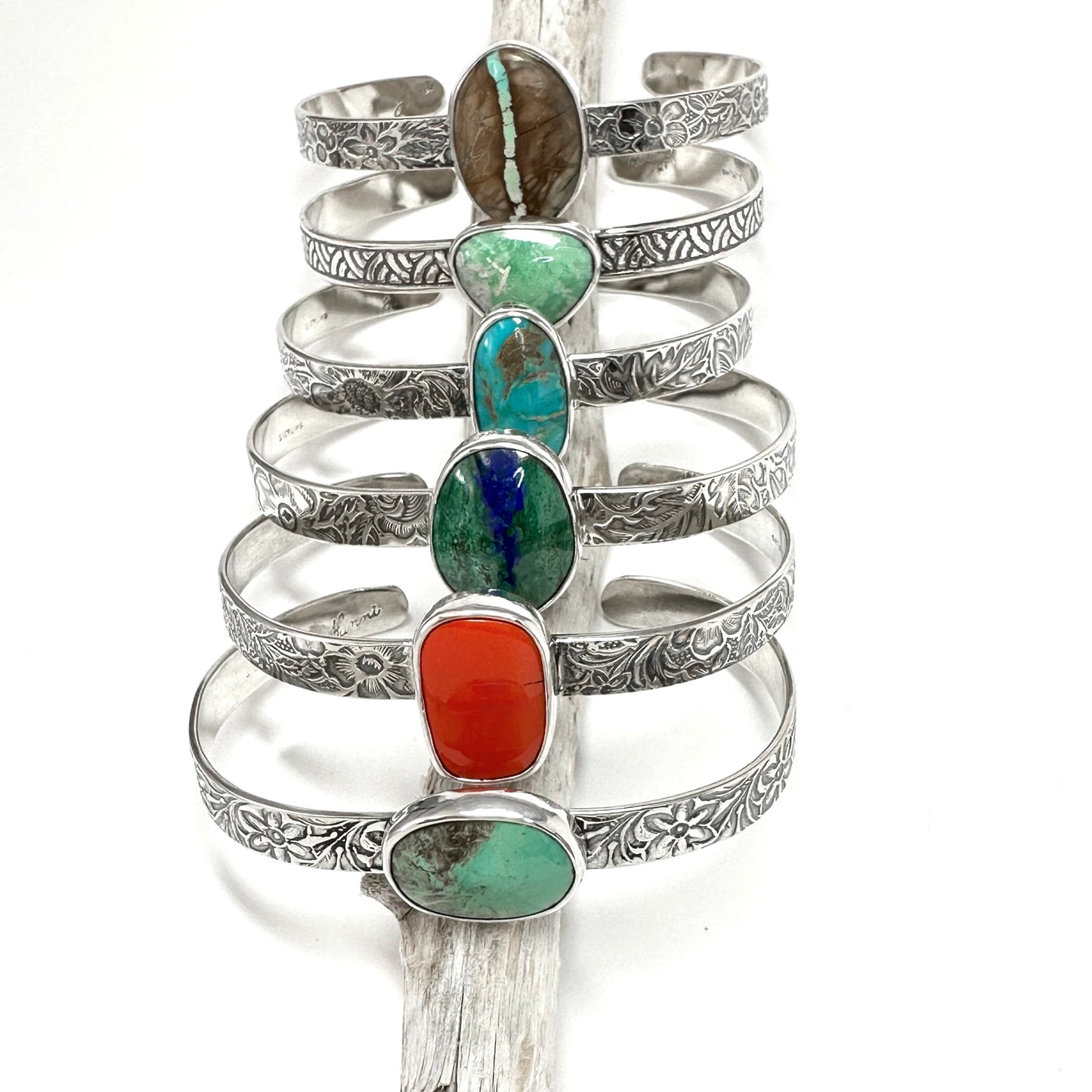 Patterned Cuff Bracelets with Turquoise, Rosarita, Variscite, and Azurite in Sterling Silver