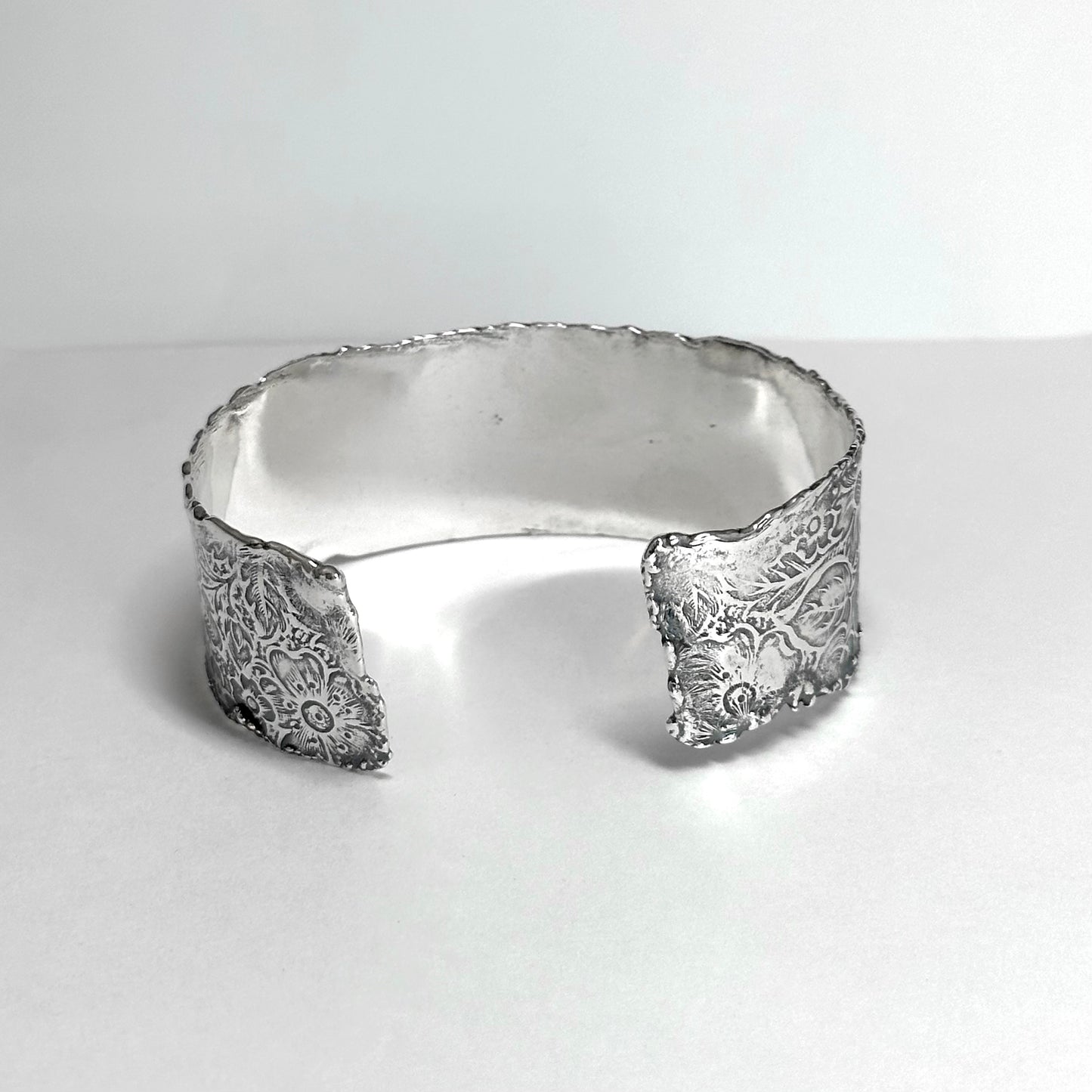 Silver Cuff Bracelet with Vintage Flower Pattern