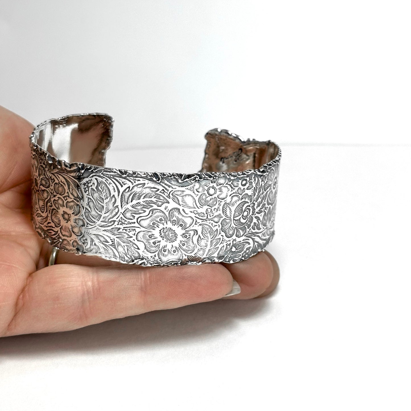 Silver Cuff Bracelet with Vintage Flower Pattern
