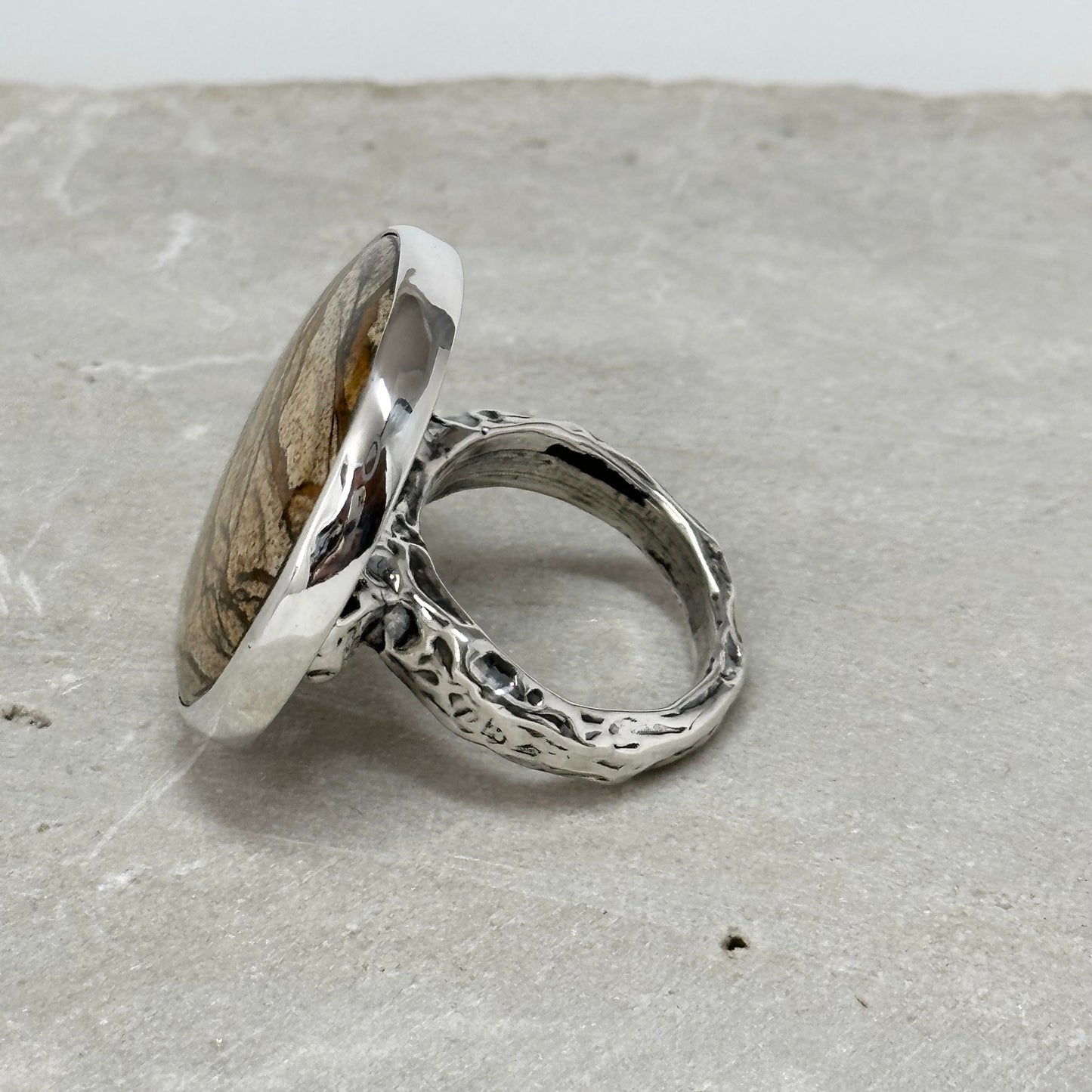 Picture Jasper Statement Ring with Branch Band, Sterling Silver size 8.5