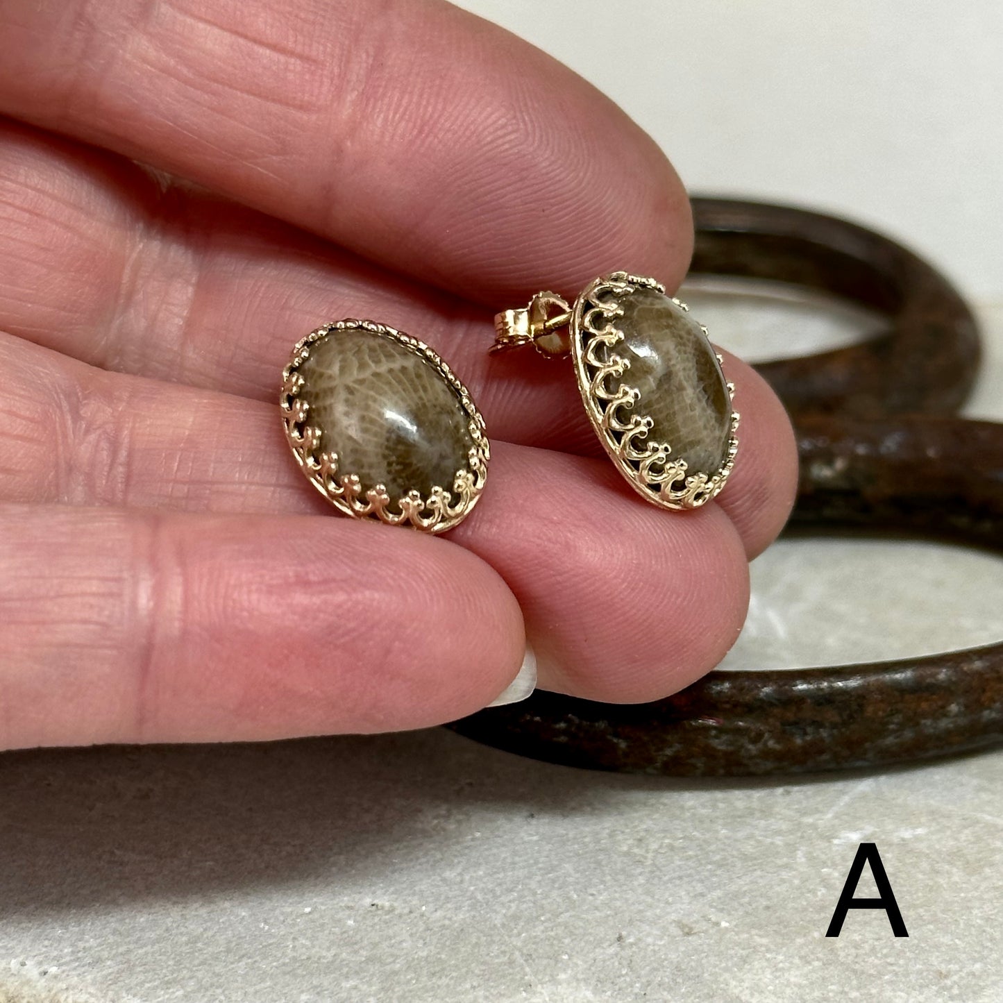 14kt Gold Petoskey Stone Post Earrings