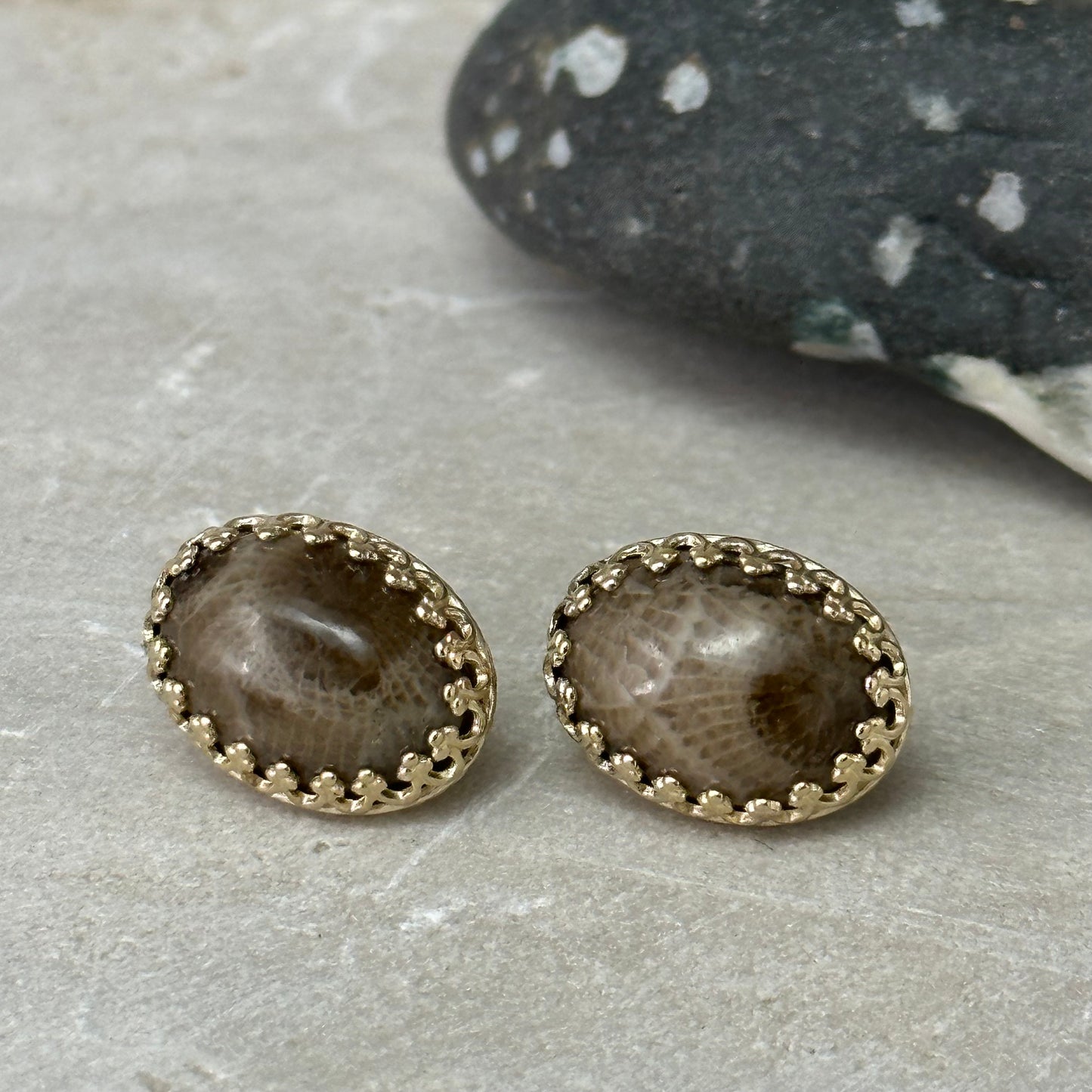 14kt Gold Petoskey Stone Post Earrings