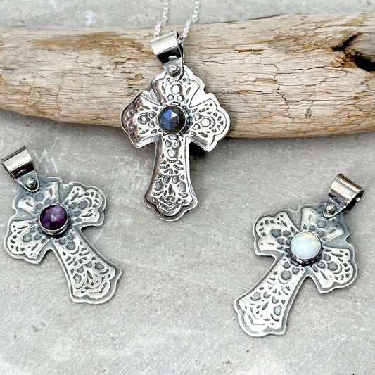 sterling silver cross necklace 1.5 inch with pattern and .25 inch stone in center with pinned moveable bail, choice of stone including labradorite, moonstone, amethyst, lapis, opal, christian religious gift for confirmation, handmade by hanni jewelry harbor springs michigan