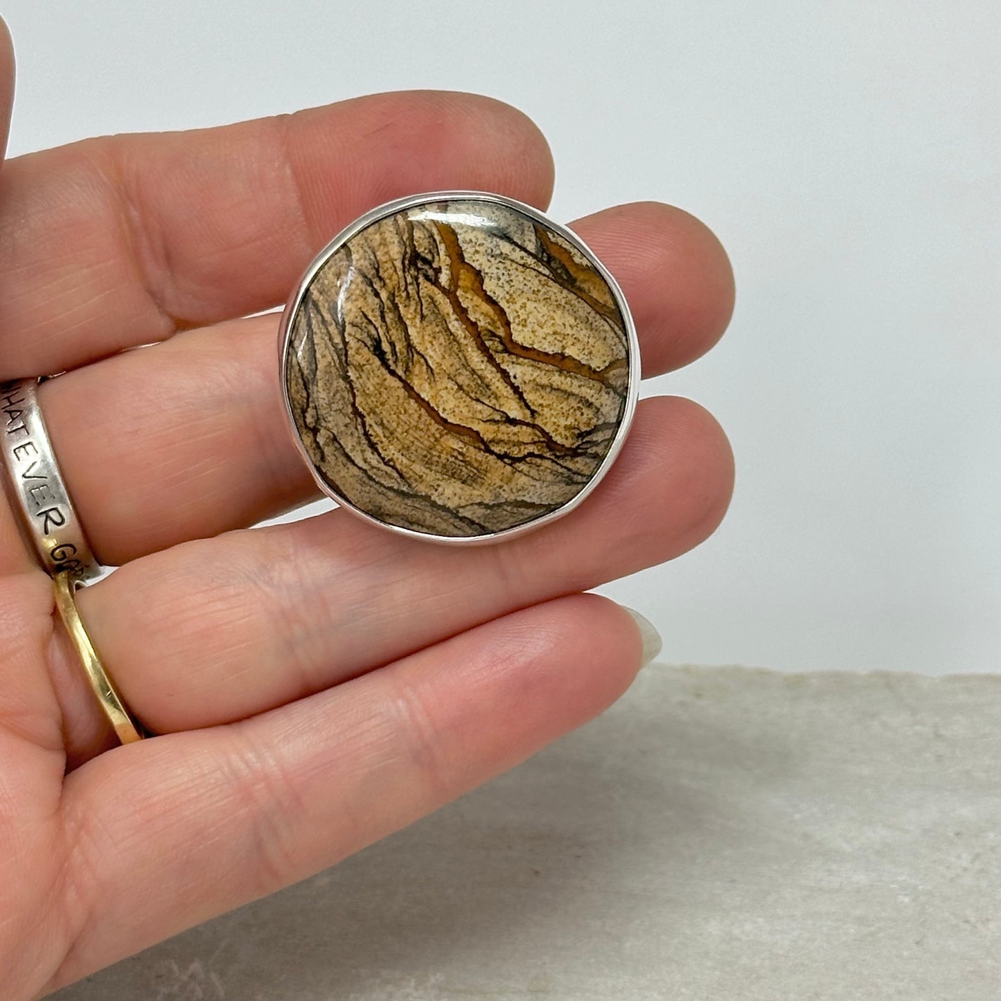 Picture Jasper Statement Ring with Branch Band, Sterling Silver size 8.5