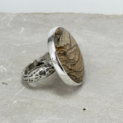 Picture Jasper Statement Ring with Branch Band, Sterling Silver size 8.5