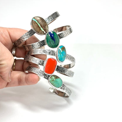Patterned Cuff Bracelets with Turquoise, Rosarita, Variscite, and Azurite in Sterling Silver