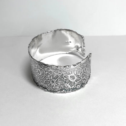 Silver Cuff Bracelet with Vintage Flower Pattern