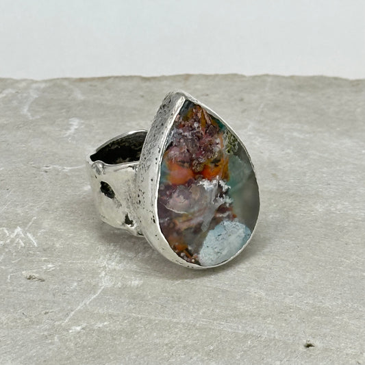 copper moss agate ring made with argentium silver, adjustable colorful statement artist handmade jewelry. Flowing water melted look band made in harbor springs, michigan by hanni jewelry