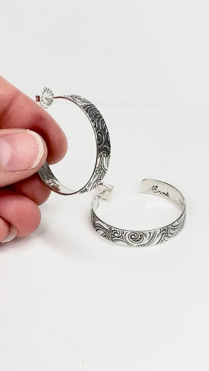 Silver Post Hoop Earring with Engraved Pattern