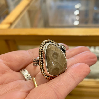 Petoskey Stone Ring with Silver Succulent | One of a Kind