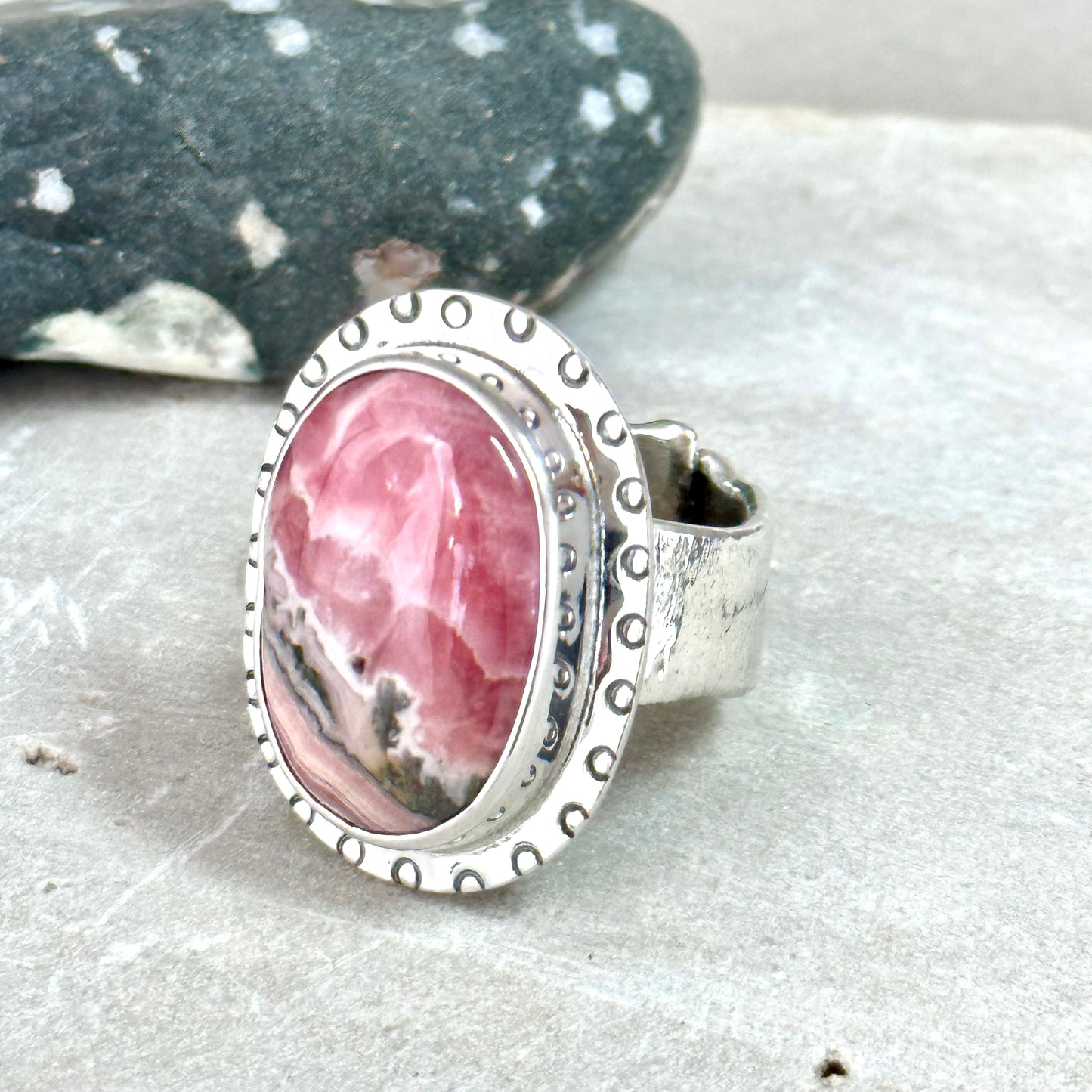 rhodocrosite statement ring sterling silver pink ring artist handmade jewelry by hanni jewelry harbor springs michigan